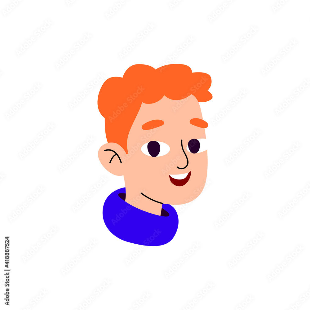 Male character with red curly hair. A young guy with big eyes smiles. Cartoon avatar of a cheerful kid with a blue-collar. Vector illustration isolated on white background.