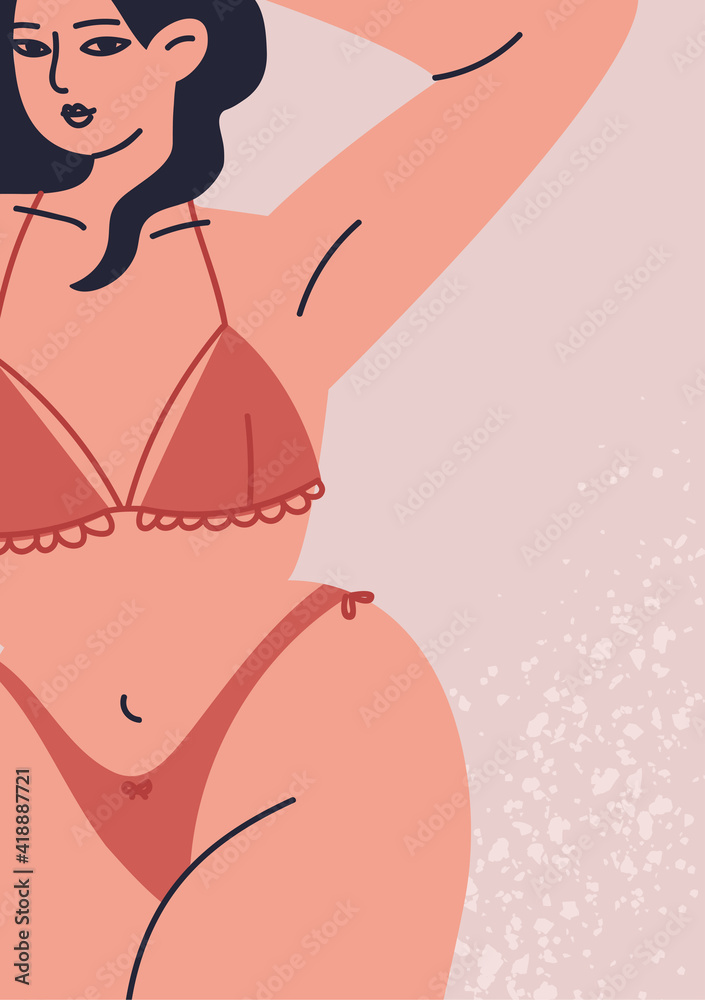 Print of a cartoon woman in lingerie. Vector illustration of a female plus size figure in underwear, bikini. Feminine poster of female body close up. Print of a cartoon woman in lingerie. Vector illustration of a female plus size figure in underwear, bikini. Feminine poster of female body close up.