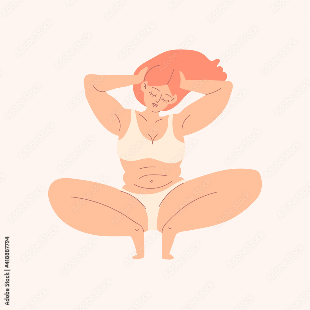 Cute redhead girl in white lingerie. A young woman is squatting. Plus size female body with folds on the abdomen. The female figure features isolated vector illustrations. Cute redhead girl in white lingerie. A young woman is squatting. Plus size female body with folds on the abdomen. The female figure features isolated vector illustrations.