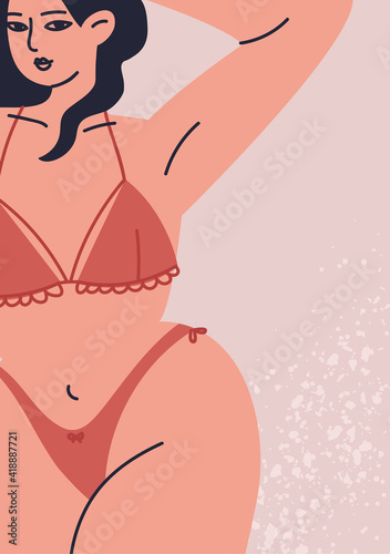 Print of a cartoon woman in lingerie. Vector illustration of a female plus size figure in underwear, bikini. Feminine poster of female body close up.