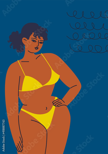 Pretty tanned woman in a yellow swimsuit on a blue background. Vertical print of a young woman in bright underwear. Vector illustration of a female poster in cartoon style.