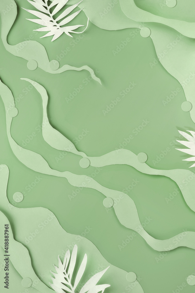 Green monochrome abstract paper background with natural organic lines layered on beige paper. Exotic palm leaf silhouettes. Copy-space, pace for your text, natural colors. Green monochrome abstract paper background with natural organic lines layered on beige paper. Exotic palm leaf silhouettes. Copy-space, pace for your text, natural colors.