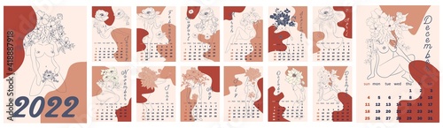 Beautiful silhouettes of women with flowers, beige tone. Wall vertical calendar for 2022, week starts on Sunday. A4 format.