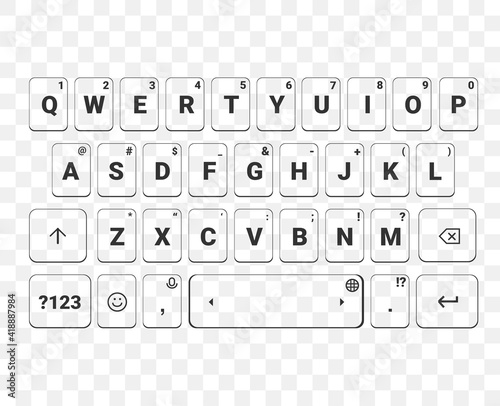 Mobile phone keypad. Screen smartphone keyboard. Alphabet buttons. IIsolated on transparent background. Illustration vector