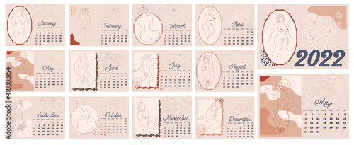 Beautiful silhouettes of women with flowers, beige tone. Wall horizontal calendar for 2022, week starts on Sunday. A4 format.