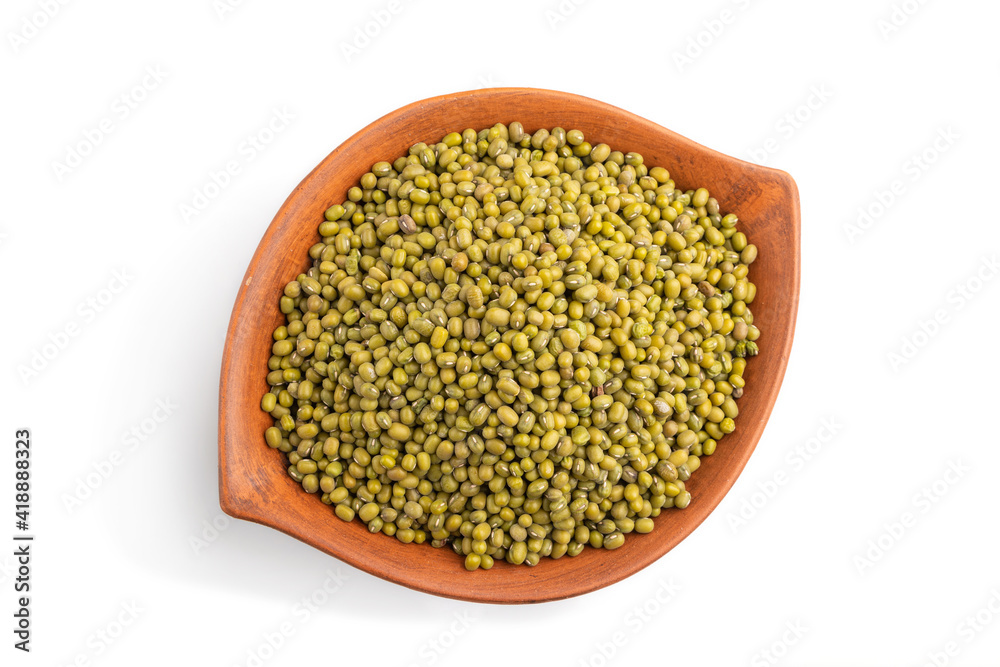 lay bowl with raw green mung bean isolated on white background. Top view. lay bowl with raw green mung bean isolated on white background. Top view.