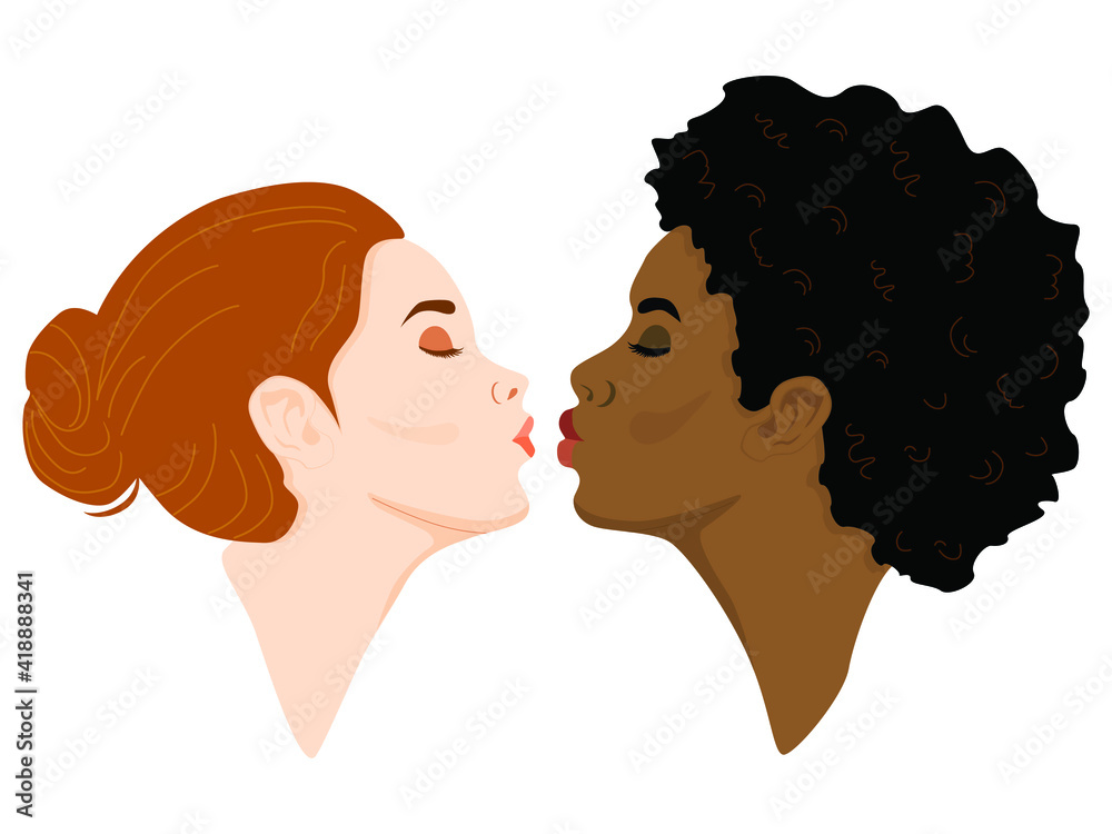 Caucasian and African women give kiss Caucasian and African women give kiss
