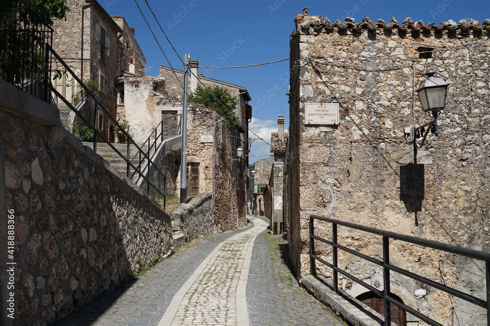 Historic medieval stone made houses street in Calascio, located in the Gran Sasso e Monti della Laga National Park, Abruzzo, Italy