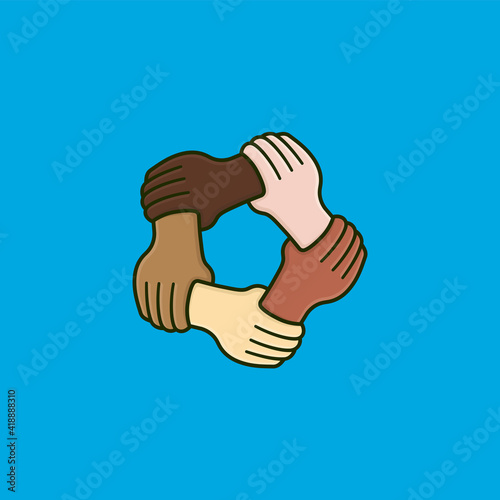 Five hands of different skin colors holding each others wrist vector illustration for Multicultural Diversity Day on October 18