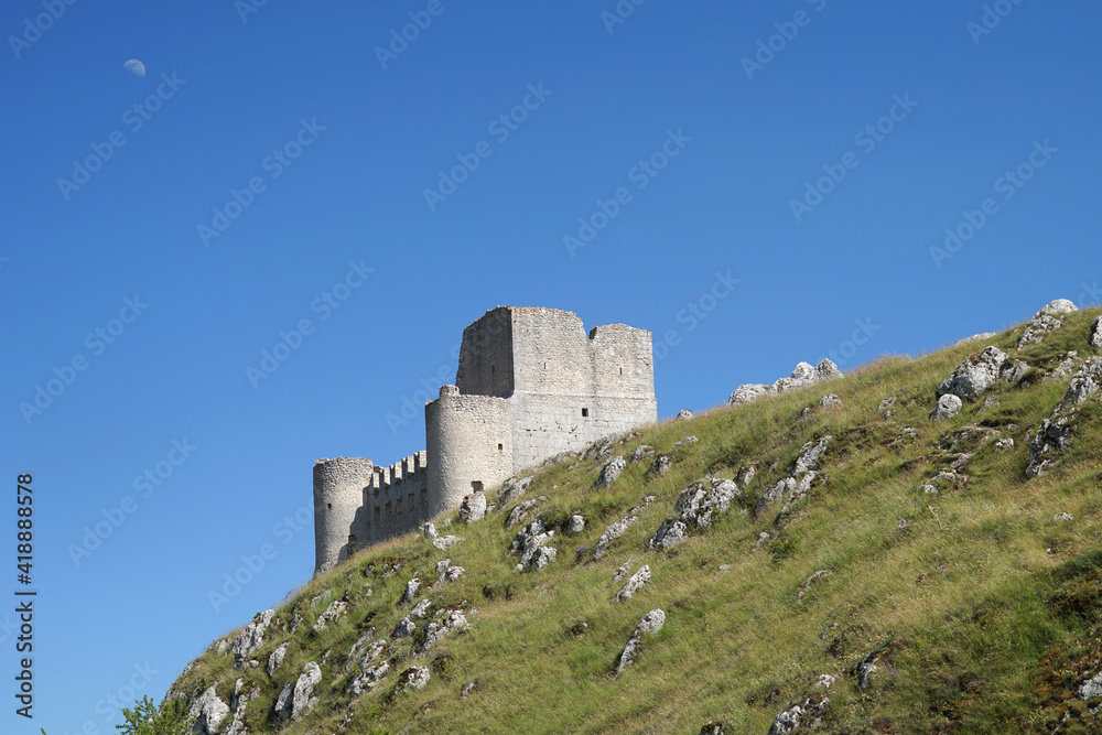 Rocca Calascio castle, medieval mountaintop fortress in Apennine Mountains landscape, travel hiking concept, Abruzzo Italy