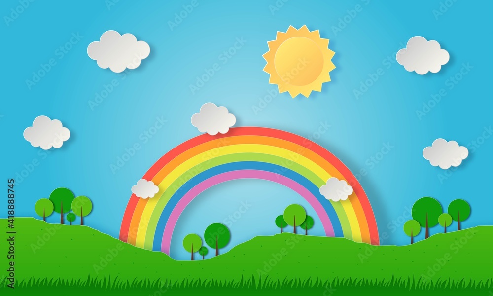 paper cut landscape nature green with rainbow. art style. vector Illustration. paper cut landscape nature green with rainbow. art style. vector Illustration.