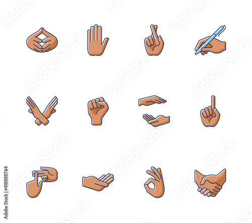 Hand gestures RGB color icons set. One finger - Pointing. Images of hands of dark-skinned people. Hand writing with pen. Counting on fingers. Okay gesture. Isolated vector illustrations