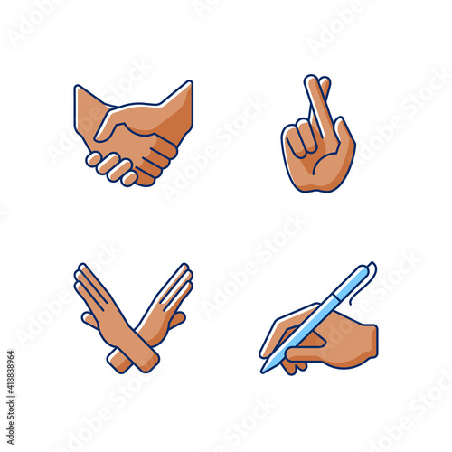 Hand gestures RGB color icons set. Business deal, handshake. Crossed arms and fingers. Images of hands of dark-skinned people. Body language. Mutually beneficial deal. Isolated vector illustrations