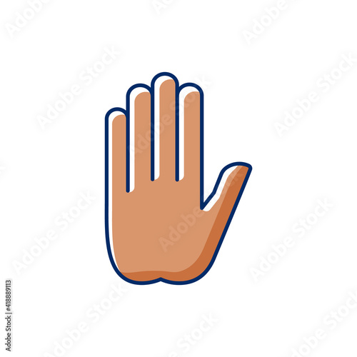 Stop gesture RGB color icon. Prohibition of something. Palm of a hand with five fingers. Images of hands of dark-skinned people. Strict ban on certain action. Isolated vector illustration
