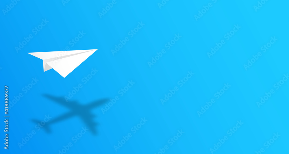 White paper plane casting shadow of airplane on blue background. Concept for travel, business idea, leadership, success, teamwork, creative idea, vision, ambition, motivation. Vector with copy space