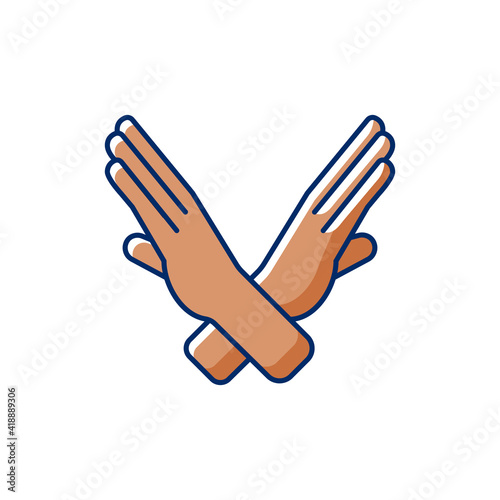 Crossed arms, stop gesture RGB color icon. Images of hands of dark-skinned people. Request to stop action. Prohibition of action. Stop violence. Stop doing this. Isolated vector illustration