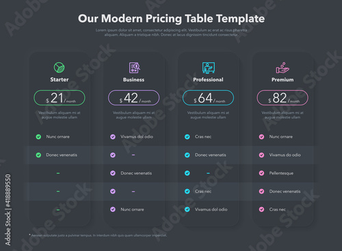 Simple pricing table layout with four subscription plans - dark version. Infographic design template for website or presentation.