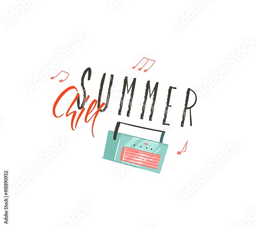 Hand drawn vector abstract cartoon summer time graphic illustrations art with music record player and Summer Chill typography quote isolated on white background