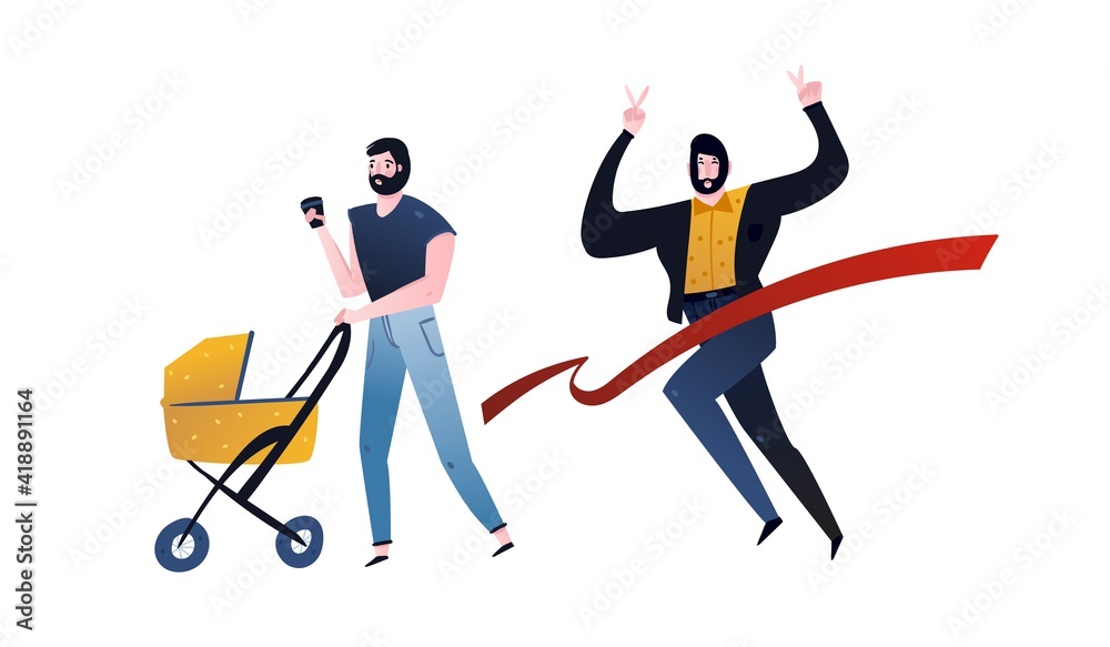 Hand drawn vector abstract cartoon modern graphic illustrations art collection set with business man runs across the red ribbon and man with stroller isolated on white background