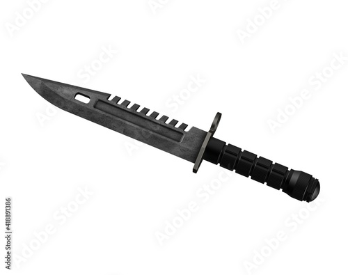 Military knife on white background. Army knife. Army blade. Bayonet. Military bayonet weapon. Self defense. Survival knife. 3D illustration.