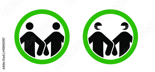 Greeting with elbows, vector icon. Stick figure man with Face mask. give one elbow bump. an alternative to handshake and a hugging and safe greeting to prevent the spread of the coronavirus (COVID-19)