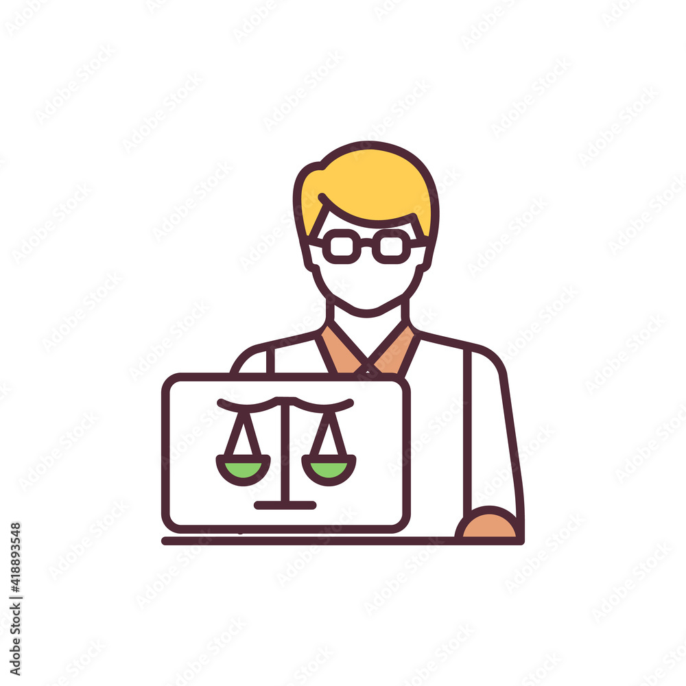 In-house counsel RGB color icon. Handling legal issues. Litigation risks prevention. Corporation law department. Attorney at firm. Employment, company policy issues. Isolated vector illustration