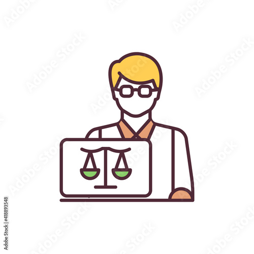 In-house counsel RGB color icon. Handling legal issues. Litigation risks prevention. Corporation law department. Attorney at firm. Employment, company policy issues. Isolated vector illustration