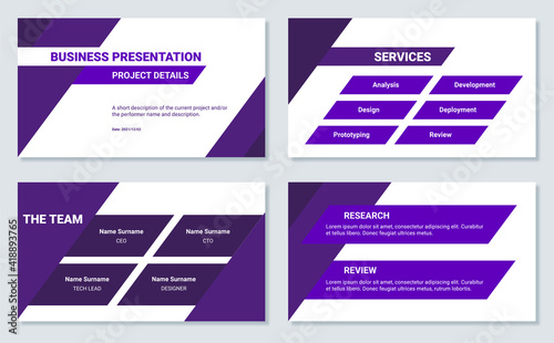 Business presentation design 4 purple slides template. Project details, services, team, research and review.
