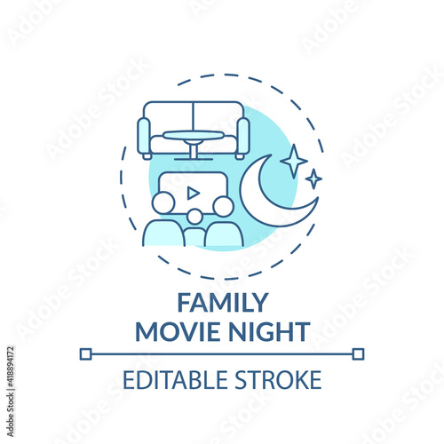 Family movie night concept icon. Indoor family activities. Watching films with kids. Relaxing family evening idea thin line illustration. Vector isolated outline RGB color drawing. Editable stroke