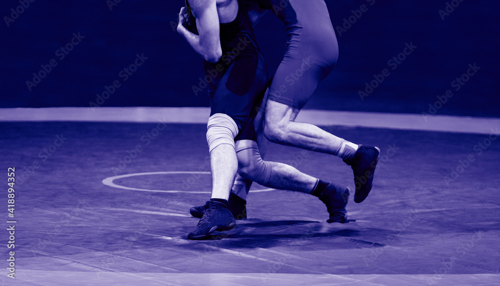 Two strong wrestlers legs on a blue wrestling carpet in the gym Two strong wrestlers legs on a blue wrestling carpet in the gym