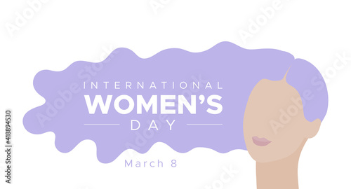 International Women's Day. March 8. Woman portrait with long violet hair. Concept of human rights, equality. Vector illustration, flat design