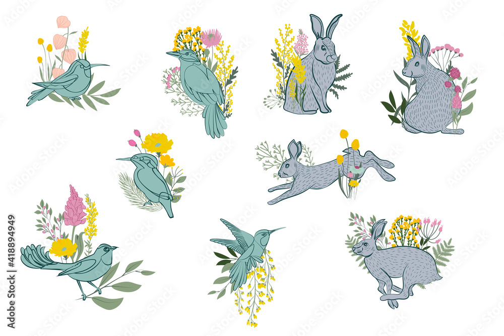 Obraz premium Collection of Rabbit and birds with meadow flowers and leaves. Botanic spring collection. Editable vector illustration.
