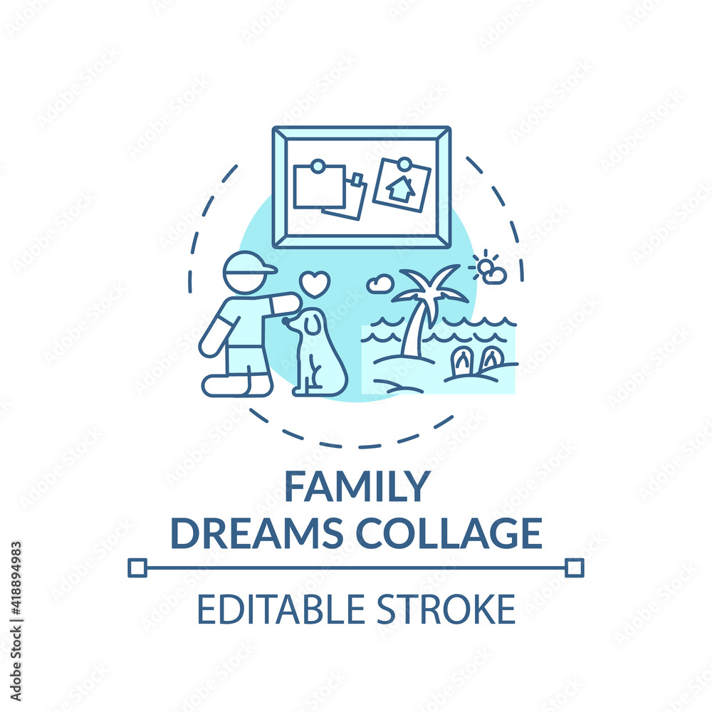 Family dreams collage concept icon. Family fun ideas. Expecting better future for kids. Improvements idea thin line illustration. Vector isolated outline RGB color drawing. Editable stroke