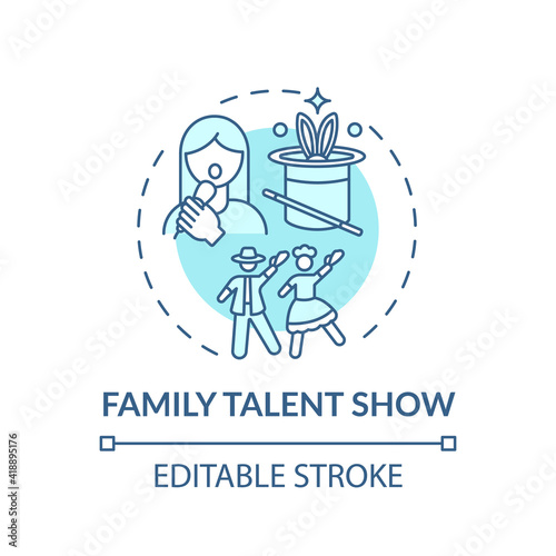 Family talent show concept icon. Family fun ideas. Time to show skills of parents and kids. School activity idea thin line illustration. Vector isolated outline RGB color drawing. Editable stroke