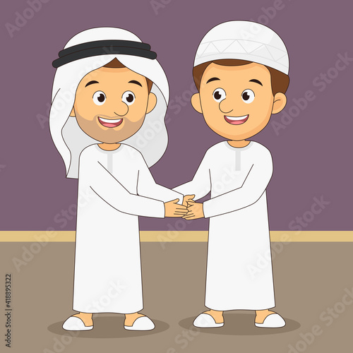 Eid mubarak greeting card two arabian man handshake to forgive each other