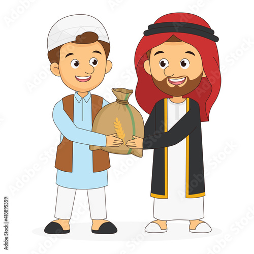 A muslim arabic man giving alms or zakat to needy man on eid mubarak day