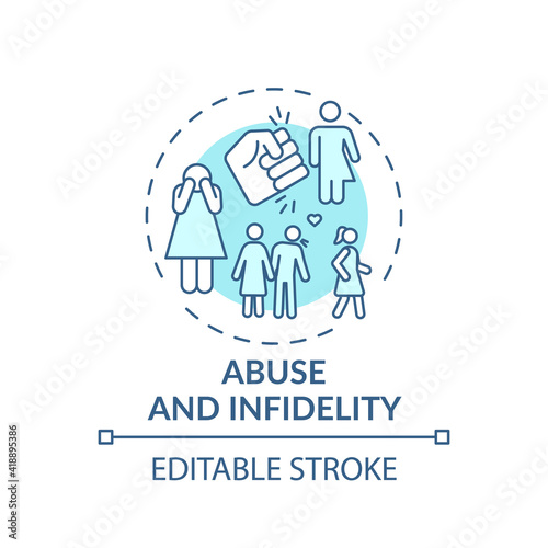 Abuse and infidelity concept icon. Online family therapy types. Fighting with abused relationships idea thin line illustration. Vector isolated outline RGB color drawing. Editable stroke