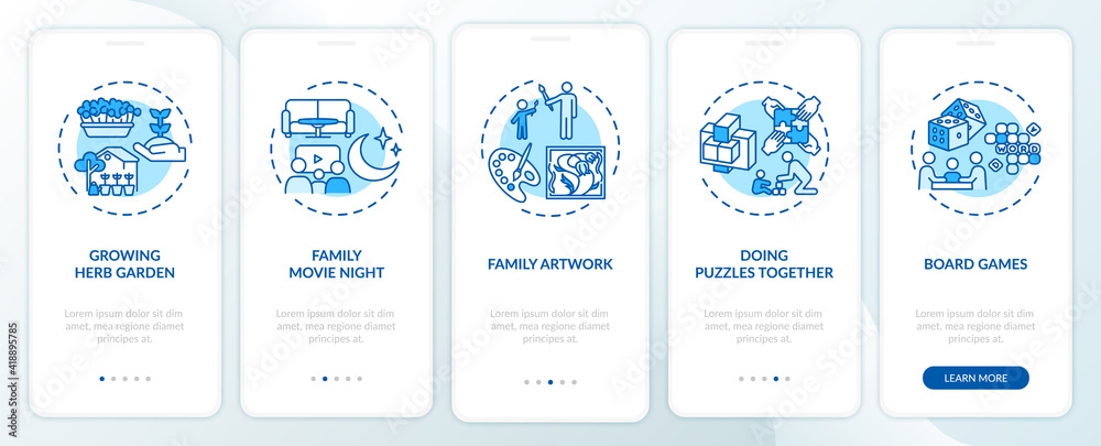 Indoor family activities onboarding mobile app page screen with concepts. Family movie night walkthrough 5 steps graphic instructions. UI vector template with RGB color illustrations Indoor family activities onboarding mobile app page screen with concepts. Family movie night walkthrough 5 steps graphic instructions. UI vector template with RGB color illustrations