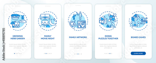 Indoor family activities onboarding mobile app page screen with concepts. Family movie night walkthrough 5 steps graphic instructions. UI vector template with RGB color illustrations