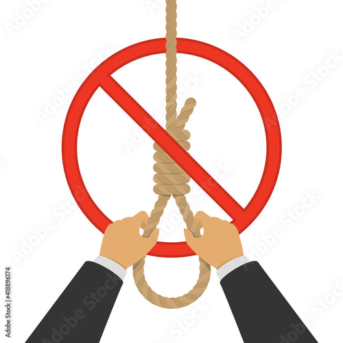 Stop sign and Rope noose with knot. No suicide loop icon. Stop suicide loop symbol isolated on a white background. Vector illustration EPS 10.