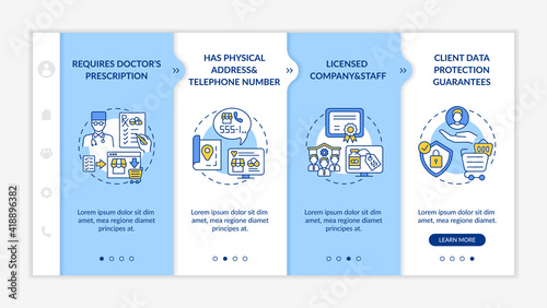 Safe online pharmacy signs onboarding vector template. Responsive mobile website with icons. Licensed company. Requires doctors prescription. Webpage walkthrough step screens. RGB color concept
