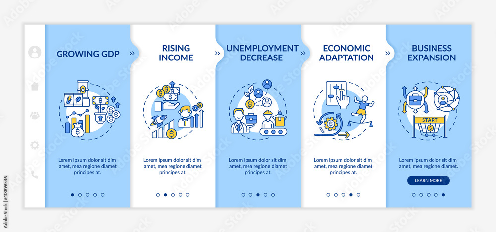 Economic adaptation and adjustment to conditions onboarding vector template. Improving business activity. Responsive mobile website with icons. Webpage walkthrough step screens. RGB color concept