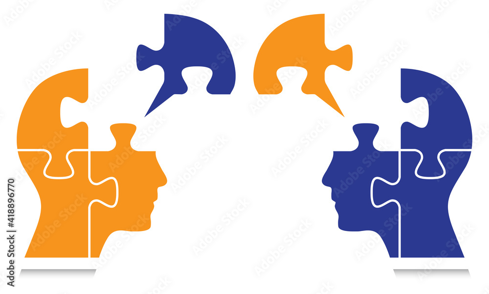 Puzzle shaped heads with puzzle communication bubbles. This vector