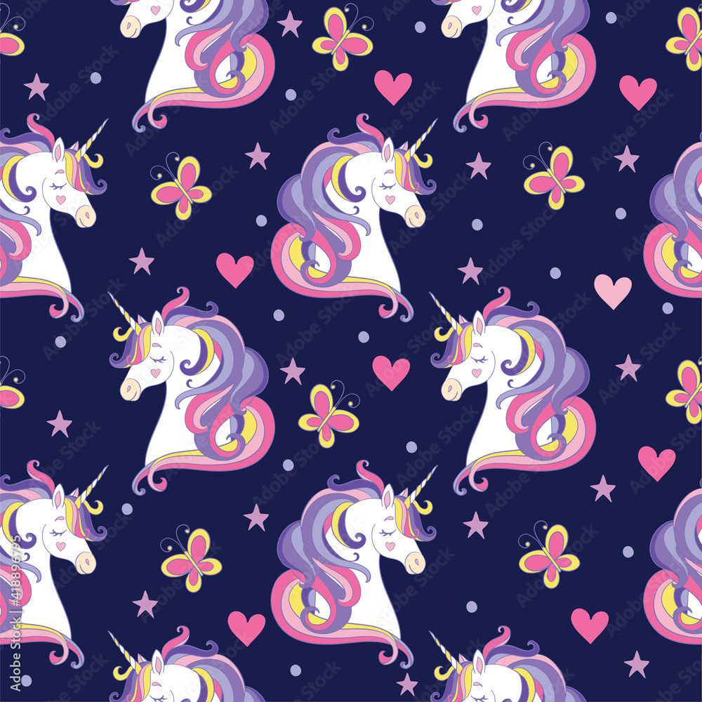 Seamless pattern with unicorn heads, hearts and butterflies