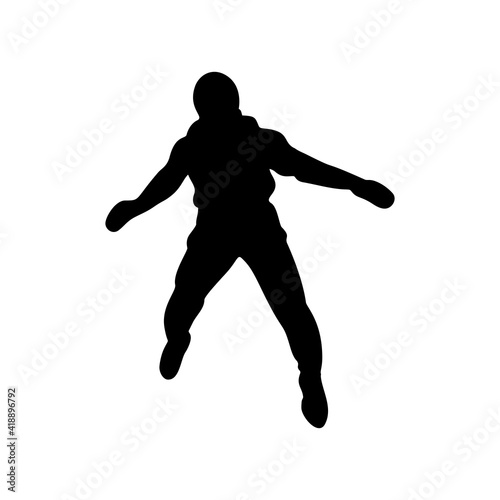 Parachutist in flight vector silhouette illustration isolated on white background.