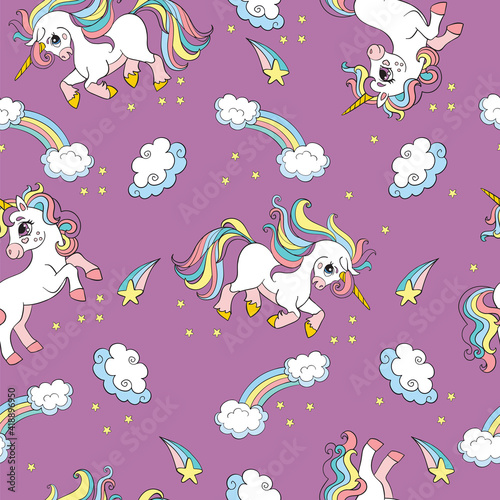 Seamless pattern cute unicorns in the sky vector purple