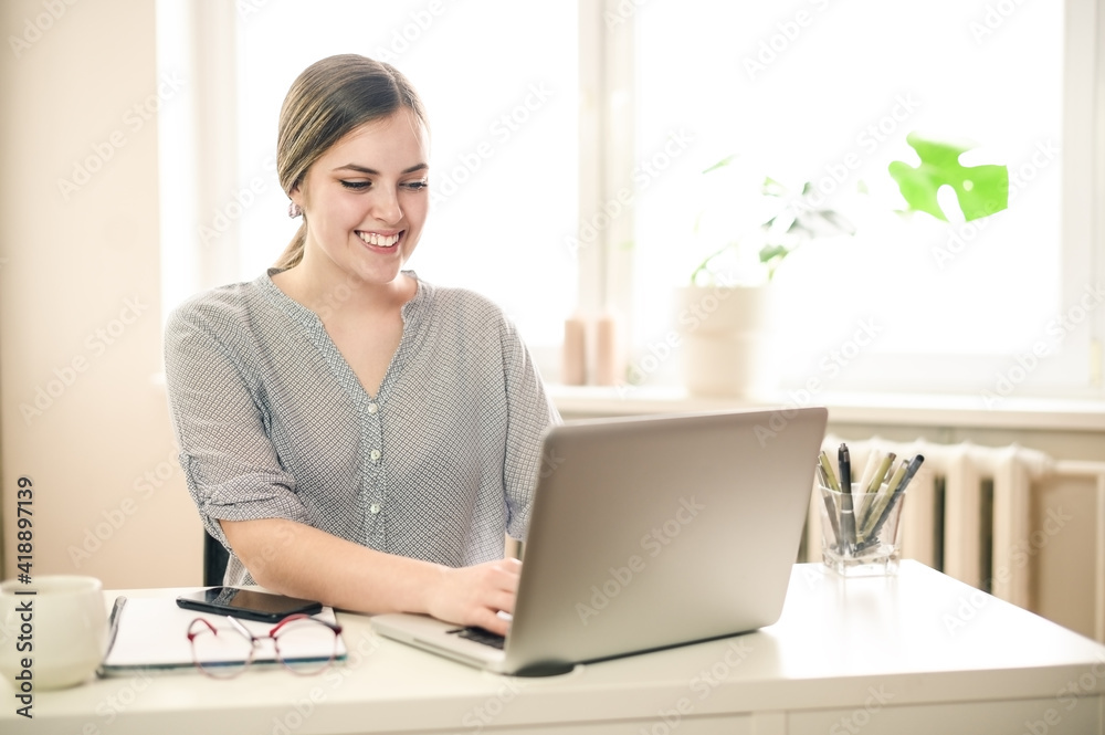 business woman using computer at home, office business woman using computer at home, office