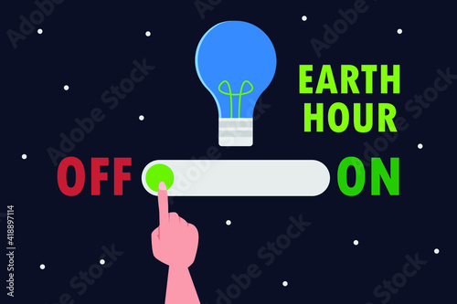 Earth hour vector concept: Hand turn off the light at night during earth hour day