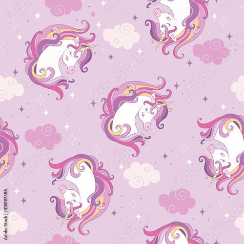 Seamless pattern with unicorn heads  sparkles and clouds