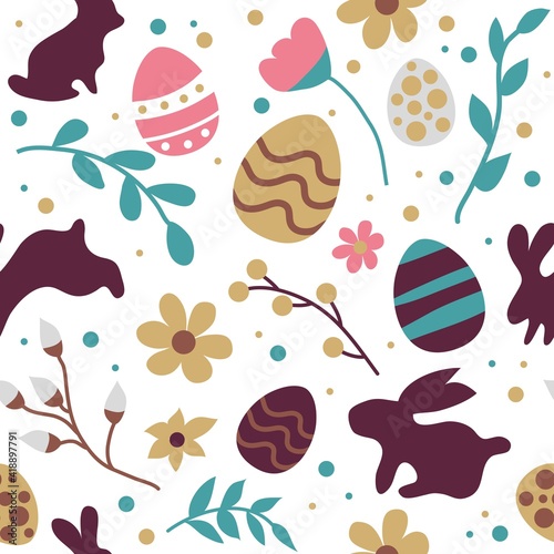 Happy easter. Seamless pattern for the holiday. Rabbit, Easter eggs, flowers, pussy willow, mimosa. Spring, a religious holiday. Easter poster and banner template for Easter. Template for promotion.